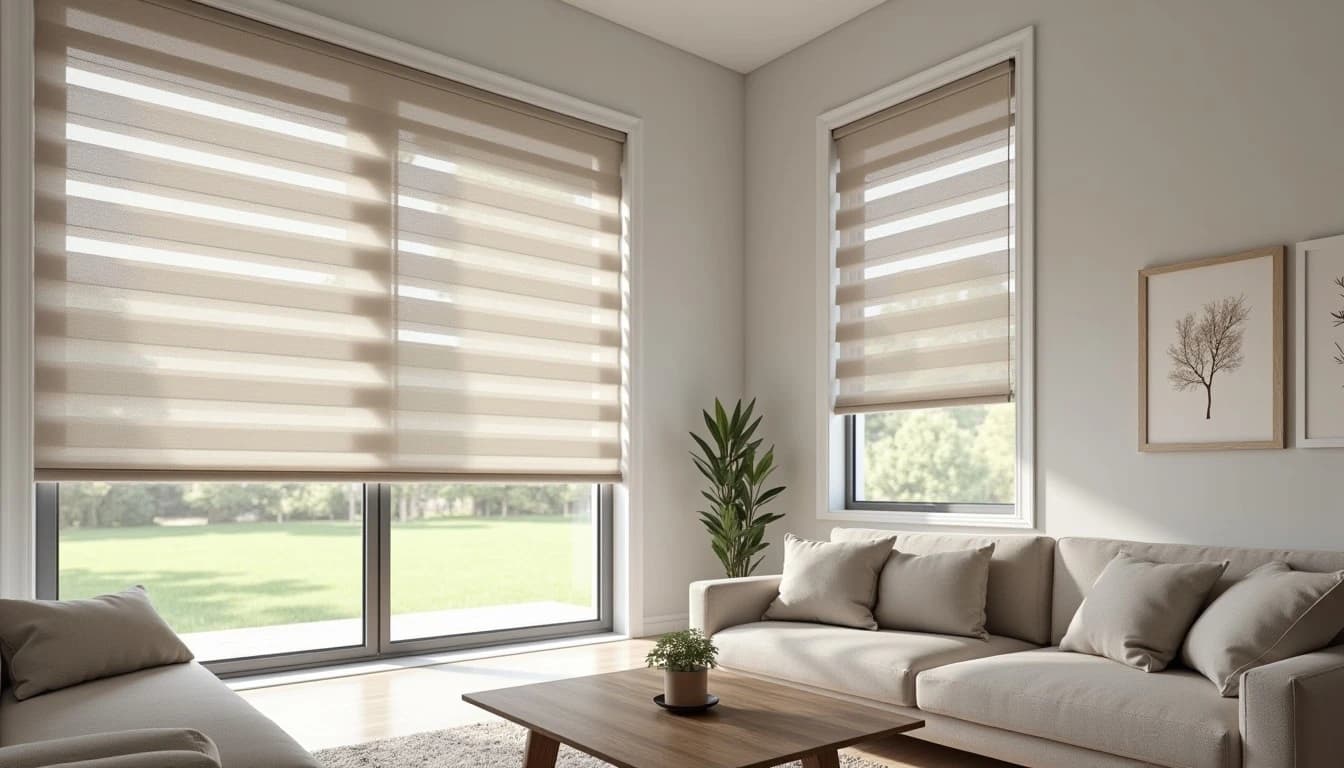 Modern living room with zebra shades